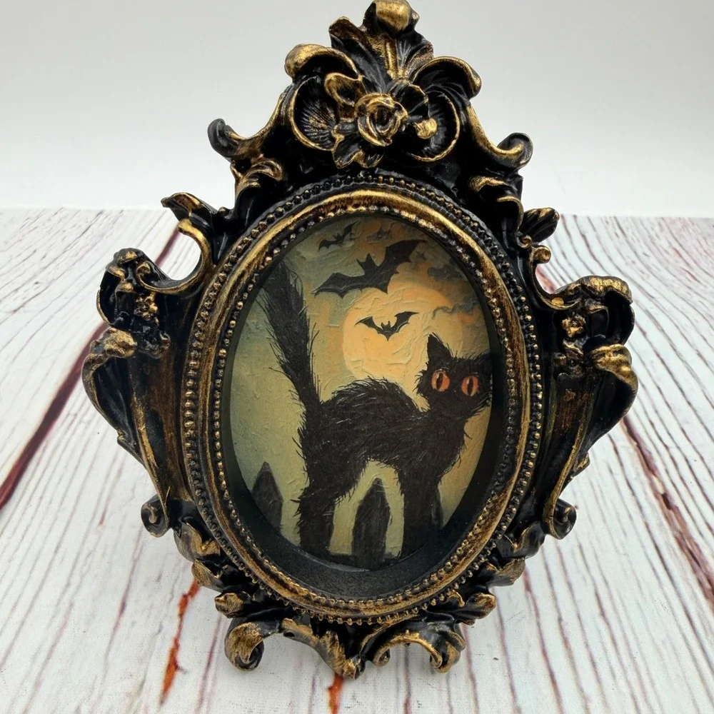 Gothic Black Cat Halloween Miniature Frame Gold Black Resin Decor 4.75in